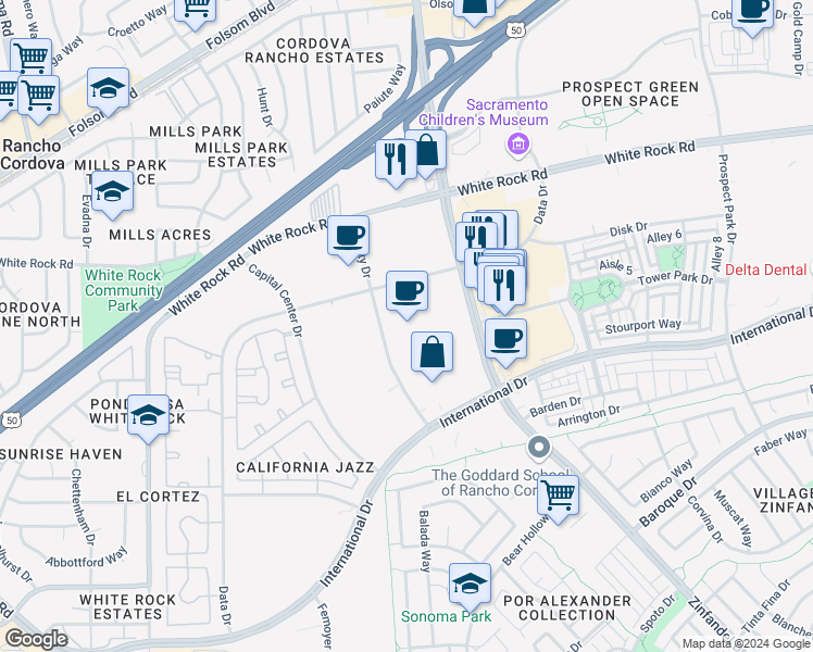 map of restaurants, bars, coffee shops, grocery stores, and more near 3333 Quality Drive in Rancho Cordova