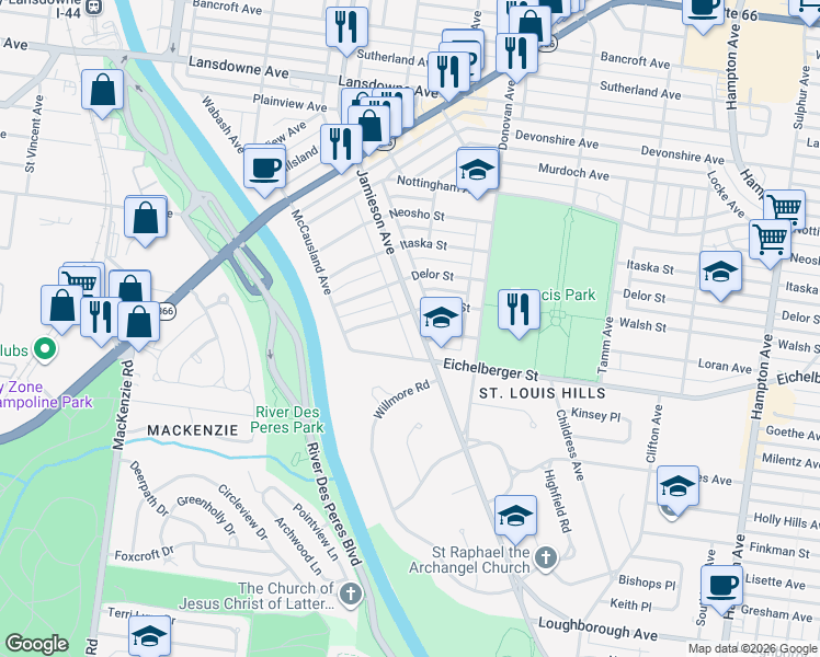map of restaurants, bars, coffee shops, grocery stores, and more near 5225 Jamieson Avenue in St. Louis