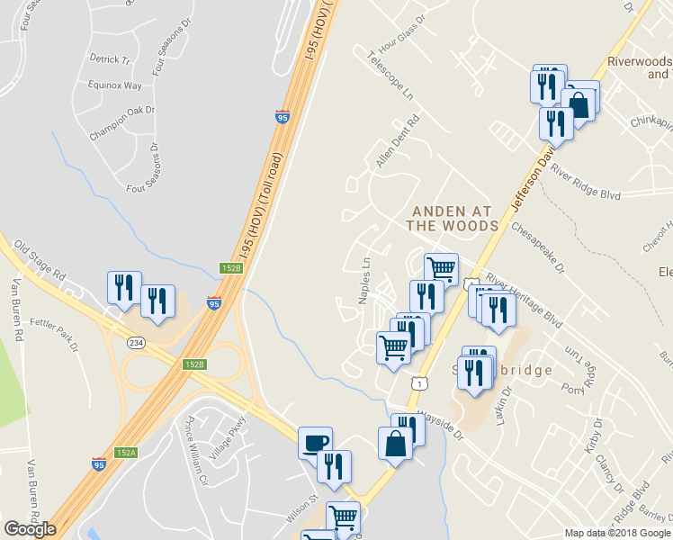 map of restaurants, bars, coffee shops, grocery stores, and more near 16998 Point Pleasant Lane in Dumfries