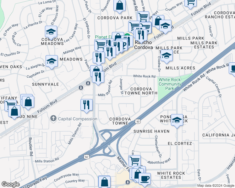 map of restaurants, bars, coffee shops, grocery stores, and more near 2974 Joerger Street in Rancho Cordova