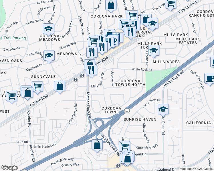 map of restaurants, bars, coffee shops, grocery stores, and more near 2974 Joerger Street in Rancho Cordova