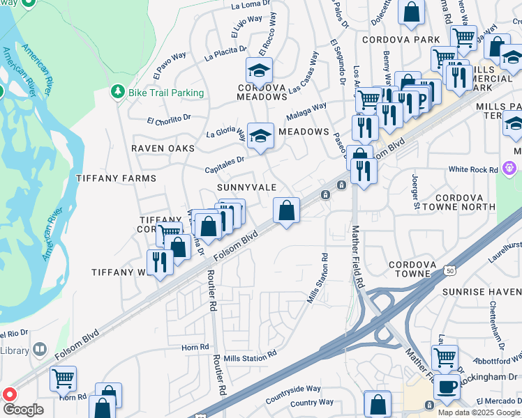 map of restaurants, bars, coffee shops, grocery stores, and more near 2725 El Parque Circle in Rancho Cordova