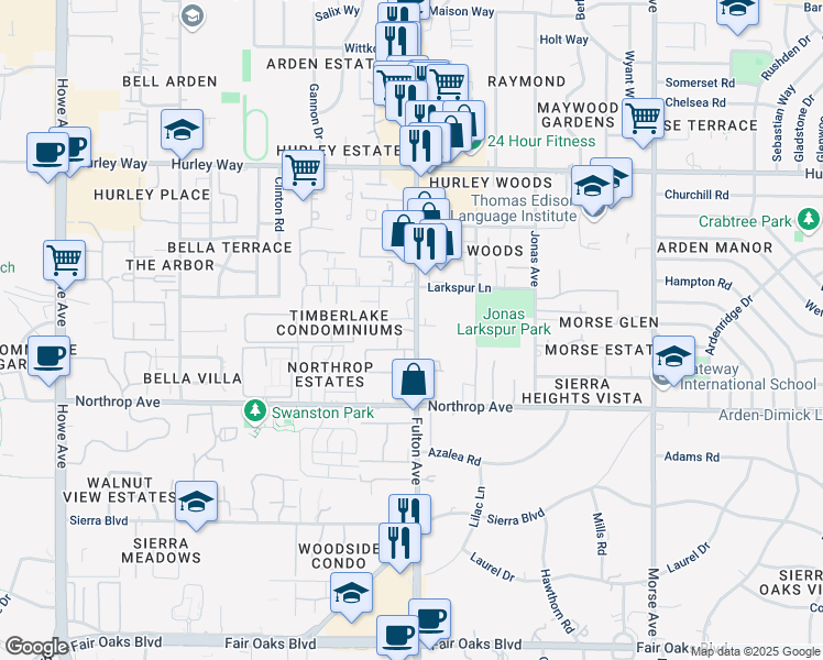 map of restaurants, bars, coffee shops, grocery stores, and more near 1050 Fulton Avenue in Sacramento