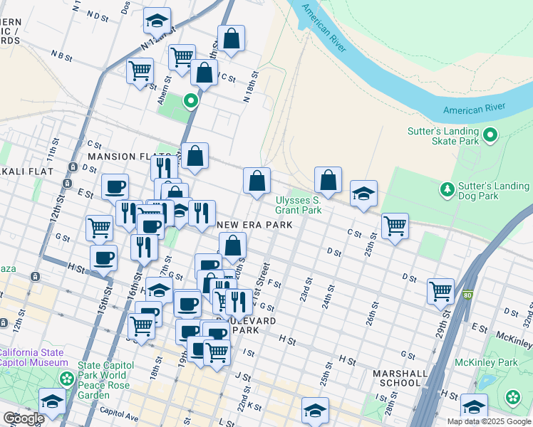 map of restaurants, bars, coffee shops, grocery stores, and more near 2009 C Street in Sacramento