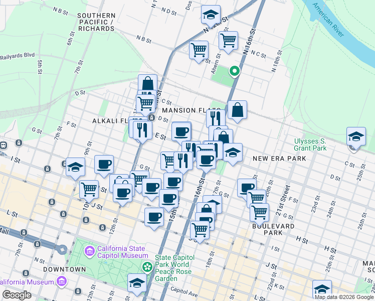 map of restaurants, bars, coffee shops, grocery stores, and more near 425 14th Street in Sacramento