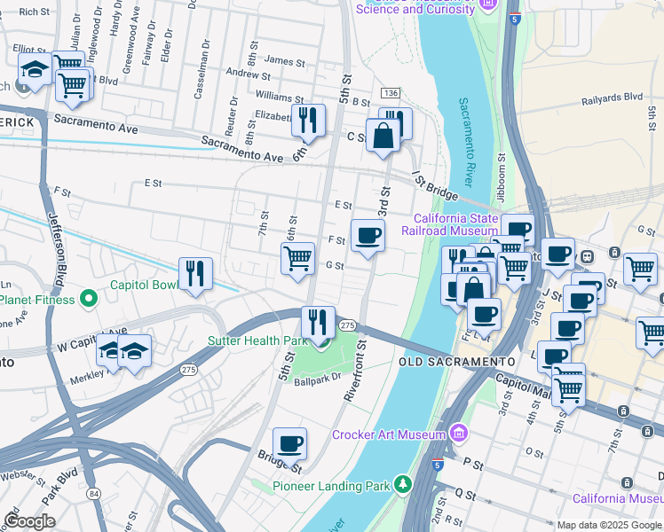 map of restaurants, bars, coffee shops, grocery stores, and more near 620 5th Street in West Sacramento