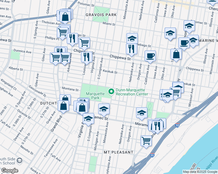 map of restaurants, bars, coffee shops, grocery stores, and more near 3935 Minnesota Avenue in St. Louis