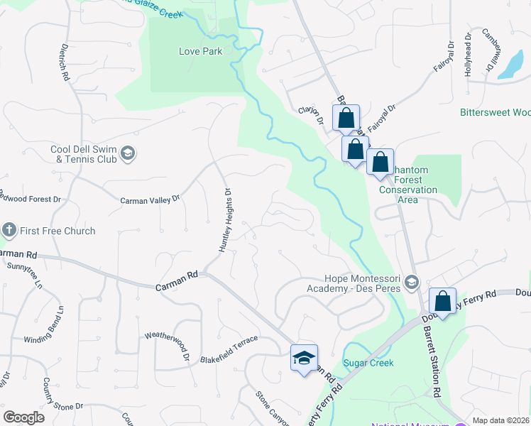 map of restaurants, bars, coffee shops, grocery stores, and more near 626 Highview Circle Drive in Ballwin