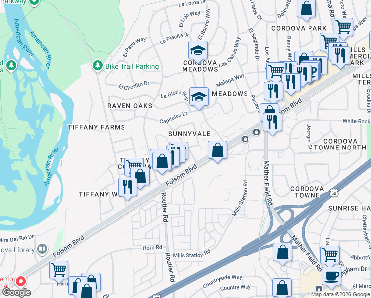 map of restaurants, bars, coffee shops, grocery stores, and more near 2724 Bravado Drive in Rancho Cordova