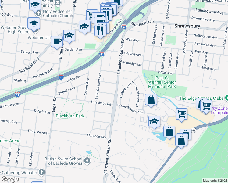 map of restaurants, bars, coffee shops, grocery stores, and more near 740 Catalpa Avenue in Webster Groves