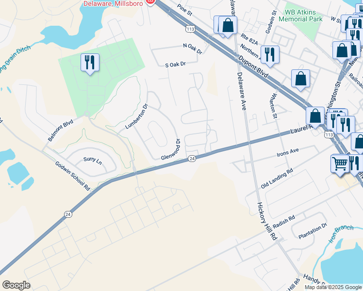 map of restaurants, bars, coffee shops, grocery stores, and more near 29486 Glenwood Drive in Millsboro
