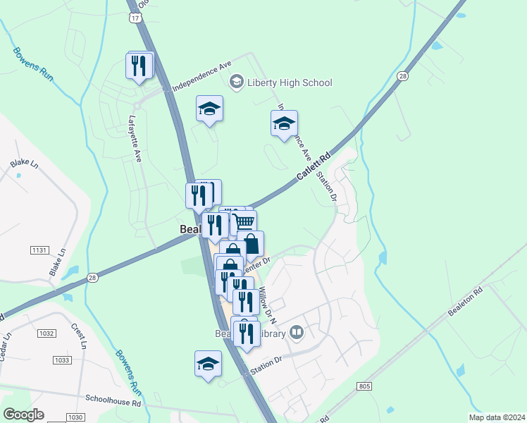 map of restaurants, bars, coffee shops, grocery stores, and more near 6293 Catlett Road in Bealeton