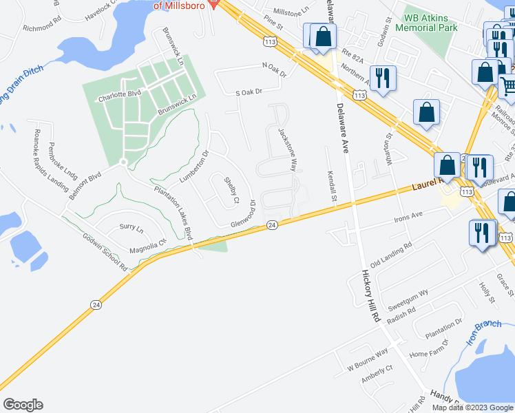 map of restaurants, bars, coffee shops, grocery stores, and more near 29486 Glenwood Drive in Millsboro