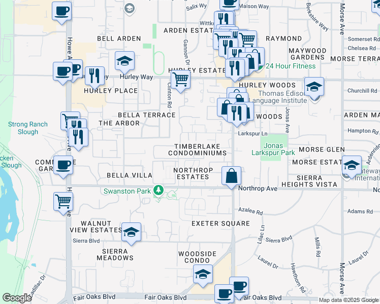 map of restaurants, bars, coffee shops, grocery stores, and more near 2432 Larkspur Lane in Sacramento