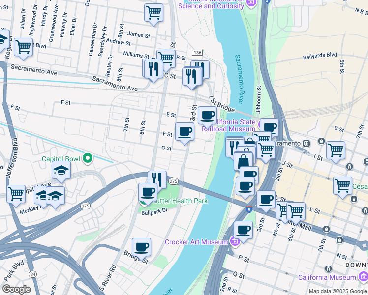 map of restaurants, bars, coffee shops, grocery stores, and more near 331 F Street in West Sacramento