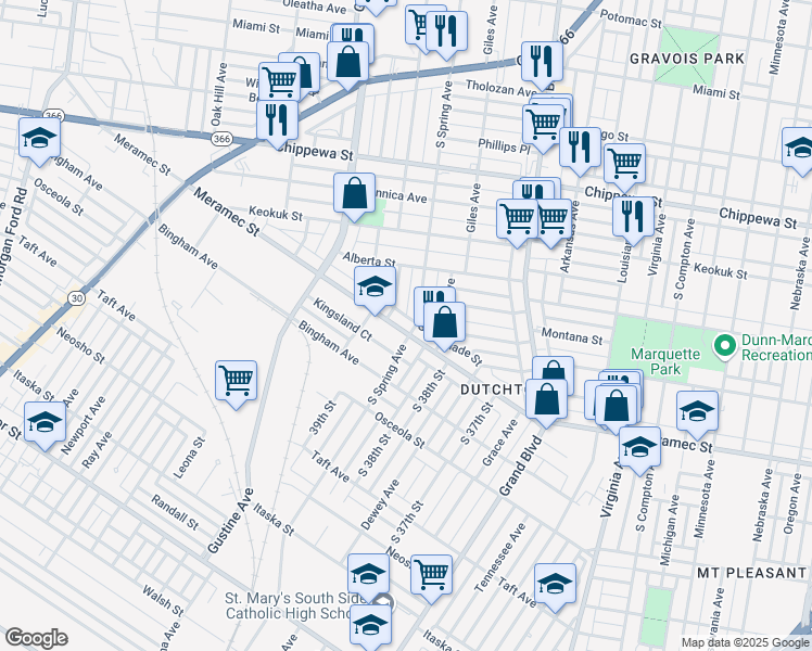 map of restaurants, bars, coffee shops, grocery stores, and more near 3855 Meramec Street in St. Louis