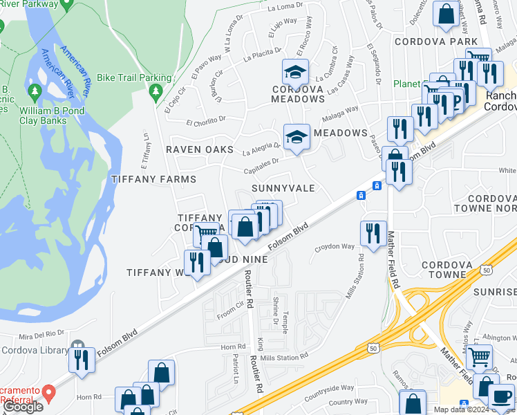 map of restaurants, bars, coffee shops, grocery stores, and more near 10055 Terra Loma Drive in Rancho Cordova