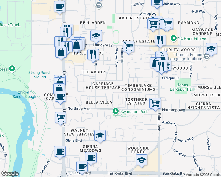 map of restaurants, bars, coffee shops, grocery stores, and more near 1040 Clinton Road in Sacramento