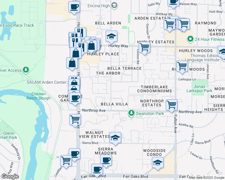 map of restaurants, bars, coffee shops, grocery stores, and more near 1012 Clinton Road in Sacramento