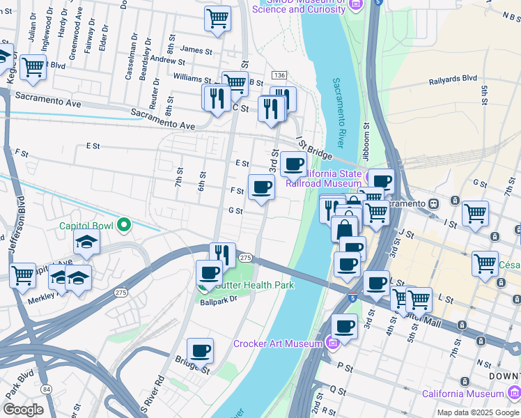 map of restaurants, bars, coffee shops, grocery stores, and more near 331 F Street in West Sacramento