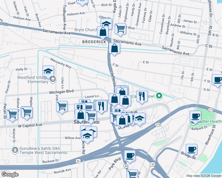 map of restaurants, bars, coffee shops, grocery stores, and more near 501 Michigan Boulevard in West Sacramento