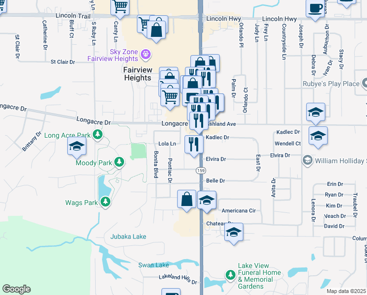 map of restaurants, bars, coffee shops, grocery stores, and more near 5708 Pontiac Drive in Fairview Heights