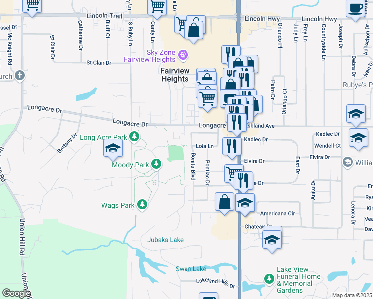 map of restaurants, bars, coffee shops, grocery stores, and more near 5701 Bonita Boulevard in Fairview Heights