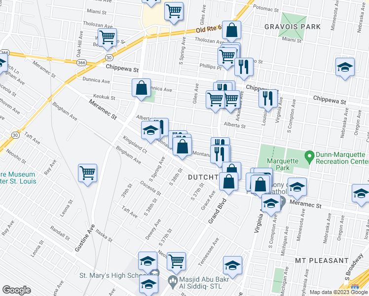 map of restaurants, bars, coffee shops, grocery stores, and more near 4048 Giles Avenue in St. Louis