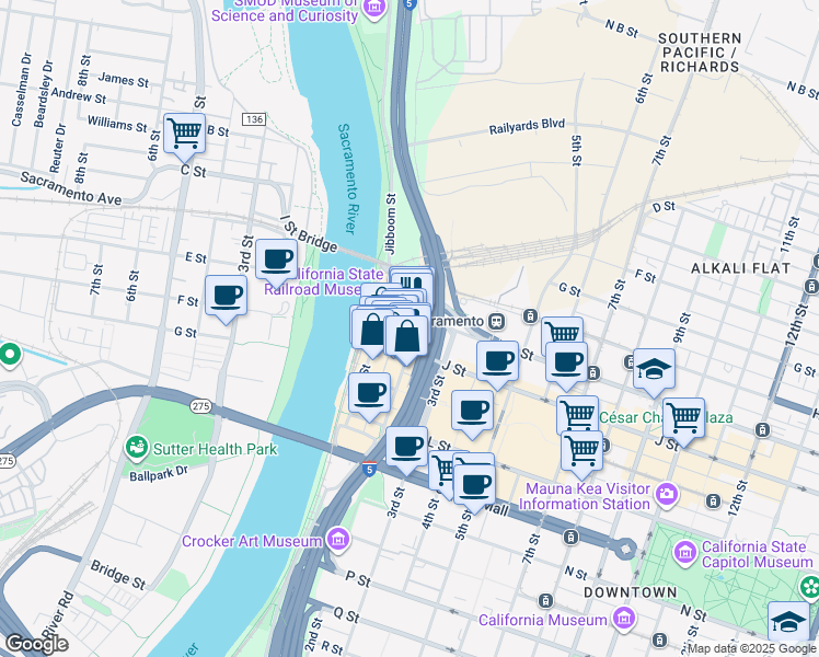 map of restaurants, bars, coffee shops, grocery stores, and more near 113 I Street in Sacramento