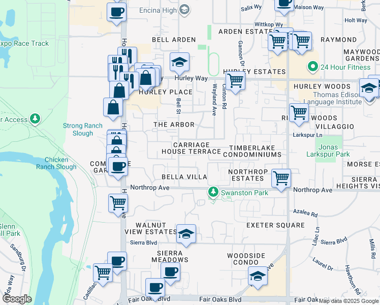 map of restaurants, bars, coffee shops, grocery stores, and more near 1012 Clinton Road in Sacramento