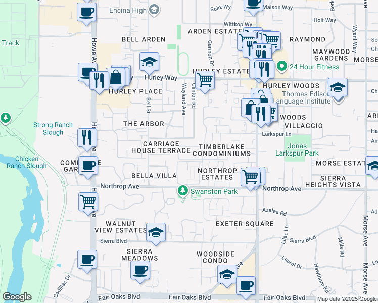 map of restaurants, bars, coffee shops, grocery stores, and more near 1019 Dornajo Way in Sacramento