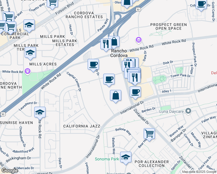 map of restaurants, bars, coffee shops, grocery stores, and more near 3333 Quality Drive in Rancho Cordova