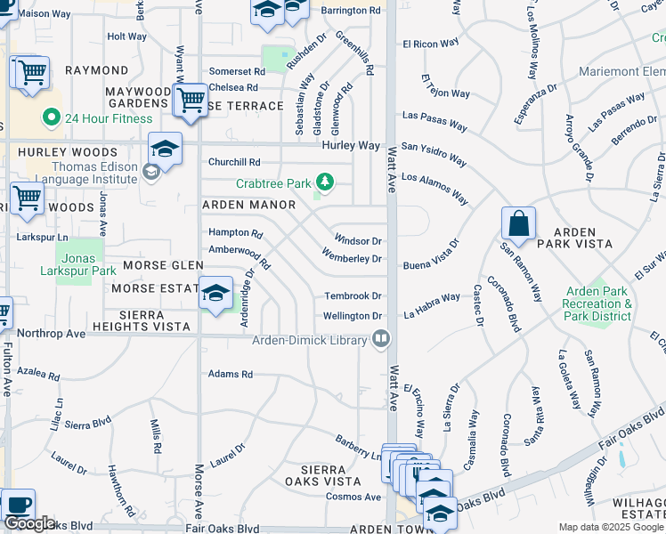 map of restaurants, bars, coffee shops, grocery stores, and more near 3337 Wemberley Drive in Sacramento