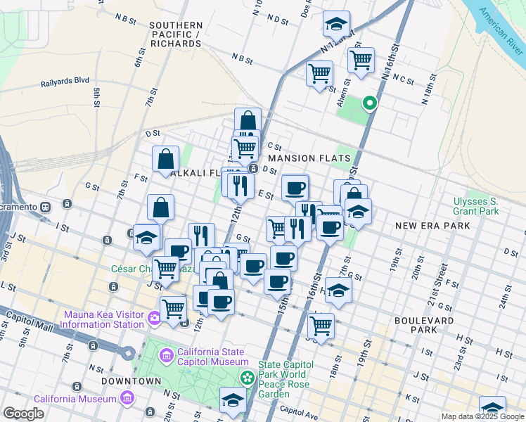 map of restaurants, bars, coffee shops, grocery stores, and more near 522 13th Street in Sacramento