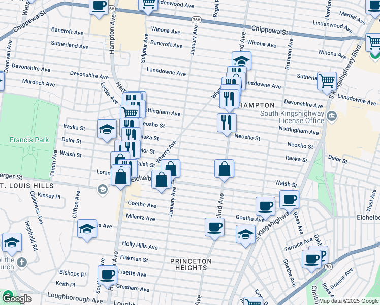 map of restaurants, bars, coffee shops, grocery stores, and more near 5520 Itaska Street in St. Louis