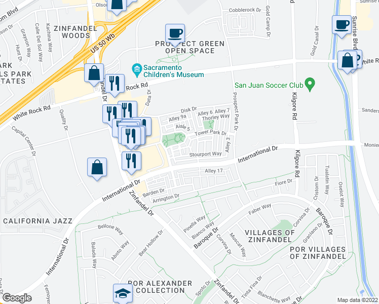 map of restaurants, bars, coffee shops, grocery stores, and more near 3146 Apperly Way in Rancho Cordova