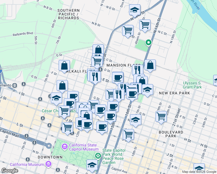 map of restaurants, bars, coffee shops, grocery stores, and more near 517 13th Street in Sacramento