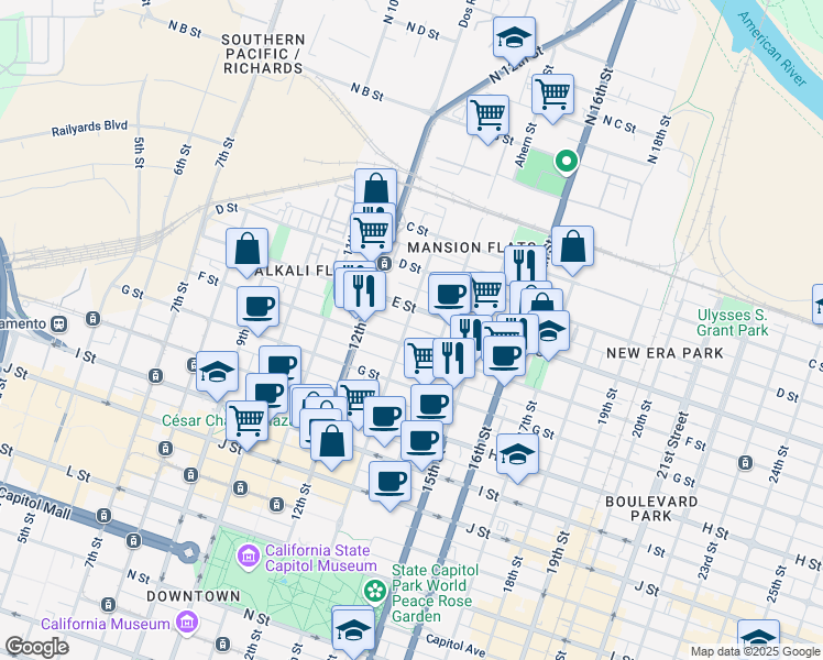map of restaurants, bars, coffee shops, grocery stores, and more near 501 13th Street in Sacramento