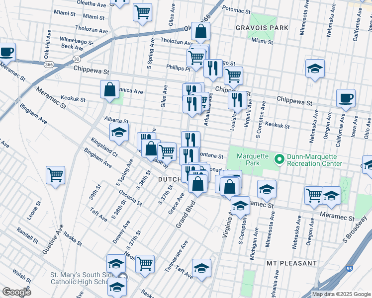 map of restaurants, bars, coffee shops, grocery stores, and more near in St. Louis
