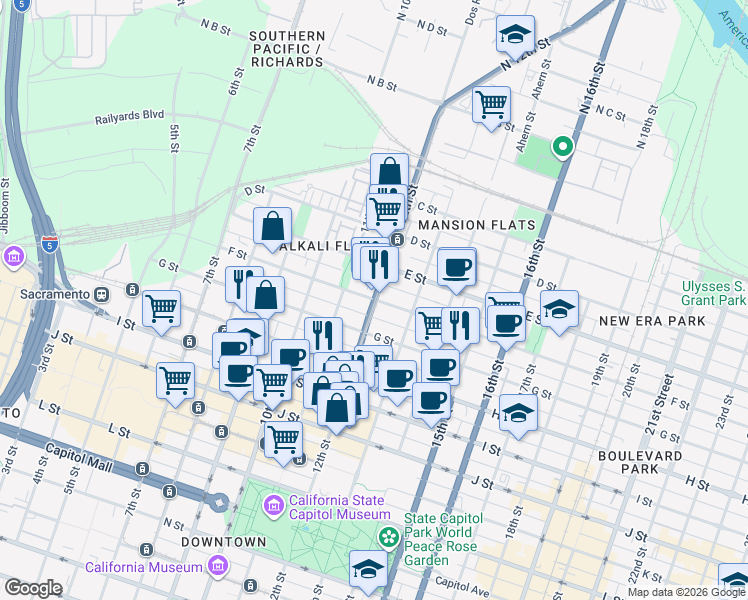 map of restaurants, bars, coffee shops, grocery stores, and more near F St & 12th St in Sacramento