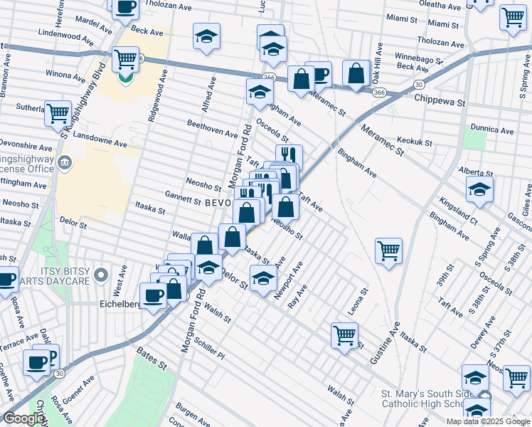 map of restaurants, bars, coffee shops, grocery stores, and more near Gravois Ave & Neosho St in St Louis