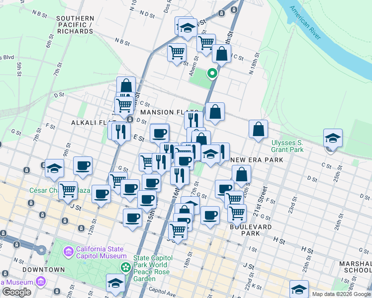 map of restaurants, bars, coffee shops, grocery stores, and more near 411 15th Street in Sacramento
