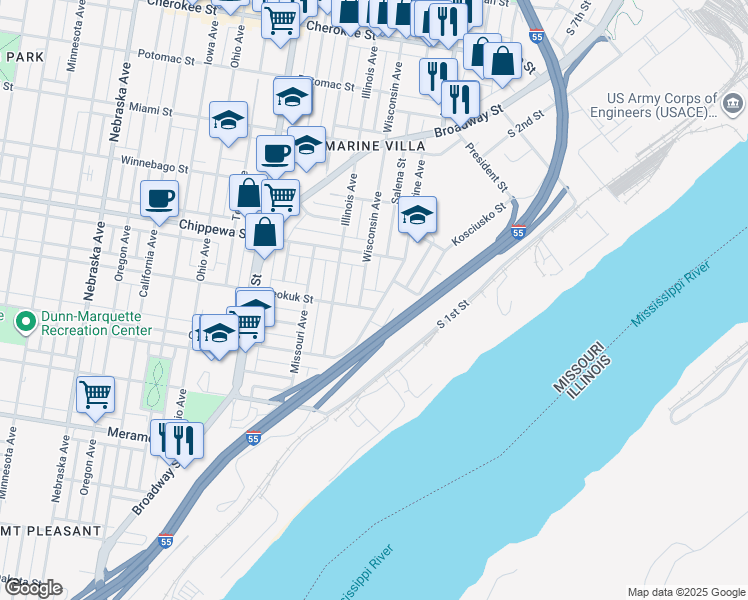 map of restaurants, bars, coffee shops, grocery stores, and more near 3835 Marine Avenue in St. Louis
