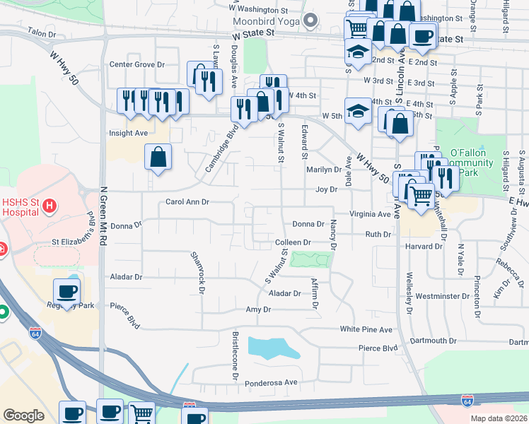 map of restaurants, bars, coffee shops, grocery stores, and more near 410 Nancy Drive in O'Fallon