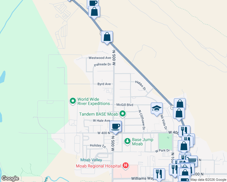 map of restaurants, bars, coffee shops, grocery stores, and more near 737 North 500 West in Moab