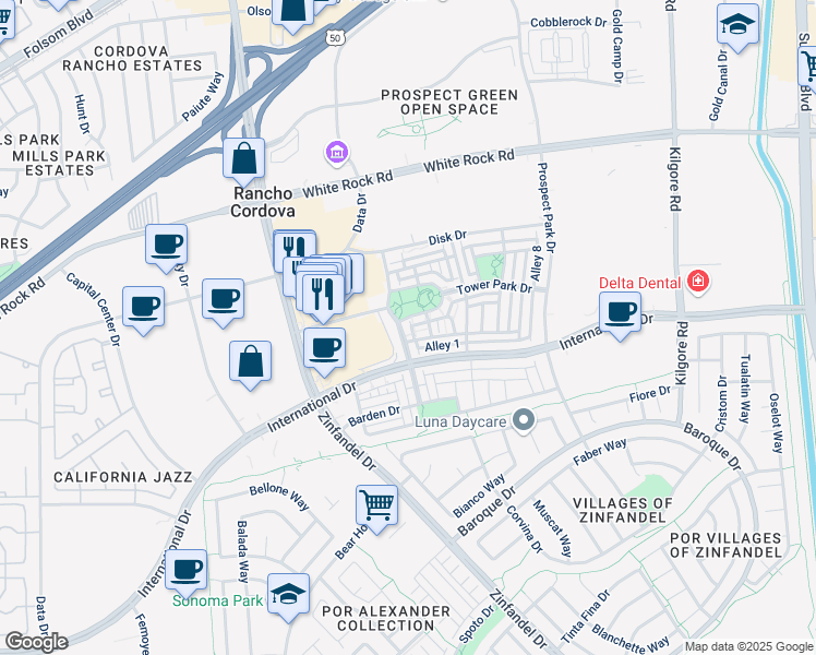 map of restaurants, bars, coffee shops, grocery stores, and more near 10849 Atherstone Drive in Rancho Cordova