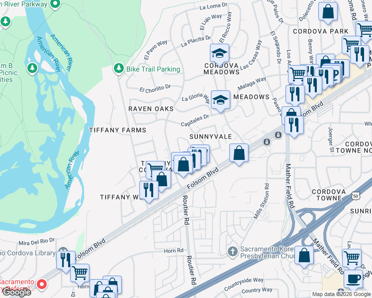 map of restaurants, bars, coffee shops, grocery stores, and more near 10055 Terra Loma Drive in Rancho Cordova