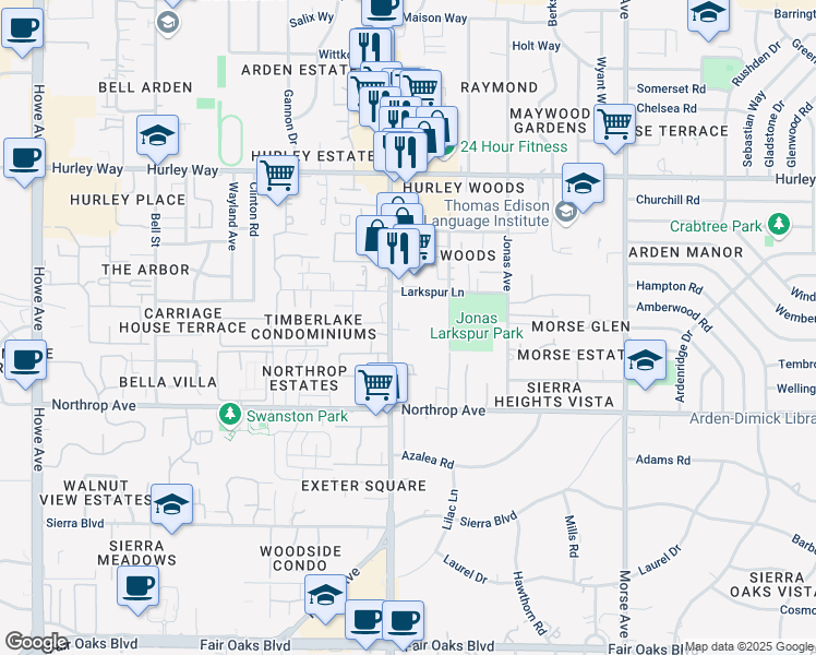 map of restaurants, bars, coffee shops, grocery stores, and more near 1050 Fulton Avenue in Sacramento