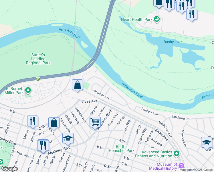 map of restaurants, bars, coffee shops, grocery stores, and more near 3830 Moddison Avenue in Sacramento