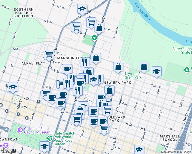 map of restaurants, bars, coffee shops, grocery stores, and more near 1707 D Street in Sacramento